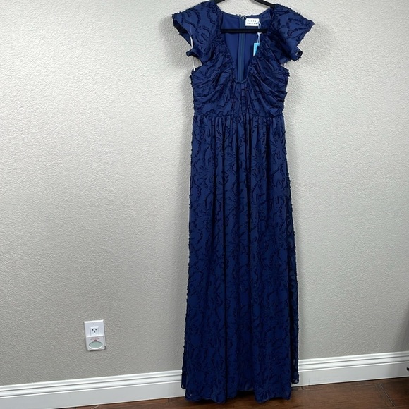 NWT Tanya Taylor Leonie Gown Navy Blue Maxi Formal Notched V Sz 4 - Picture 3 of 16